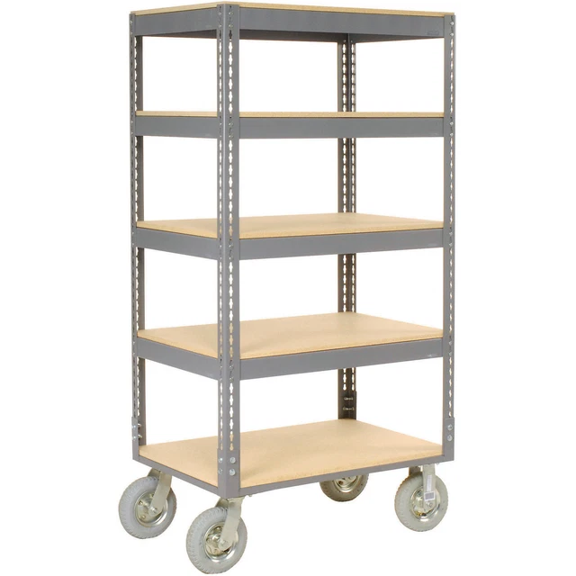 Easy Adjust Boltless 5 Shelf Truck, Wood Shelves, Pneumatic Casters, 48"L x 24"W