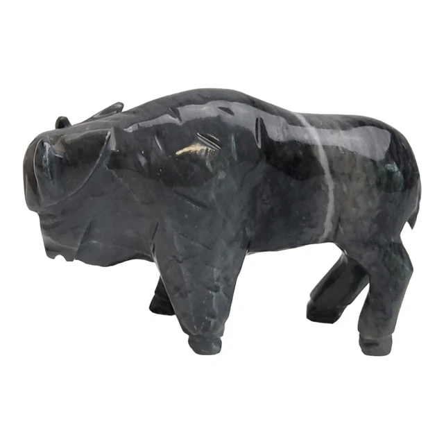 Hand Carved Marble Onyx Bull Ox Figurine Statue Animal Paperweight Gray Black