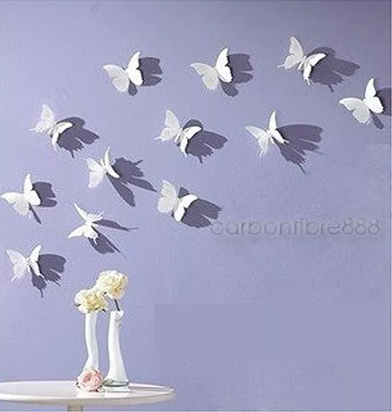 WHITE 3D Butterfly Wall Stickers Art Decal 12pcs PVC Butterflies Home DIY Decor