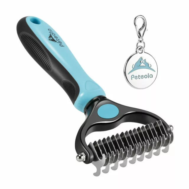 Peteola - Pet Grooming Brush - 2 Sided Undercoat Rake for Cats & Dogs - Blue New