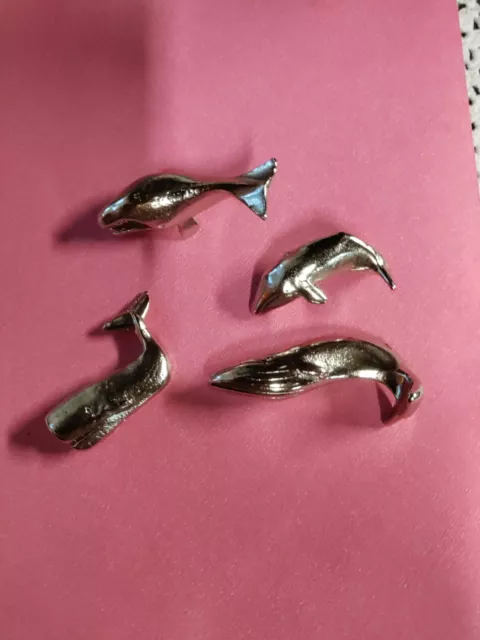 Lot Of 4 Silver Toned Metal Whales. Unmarked