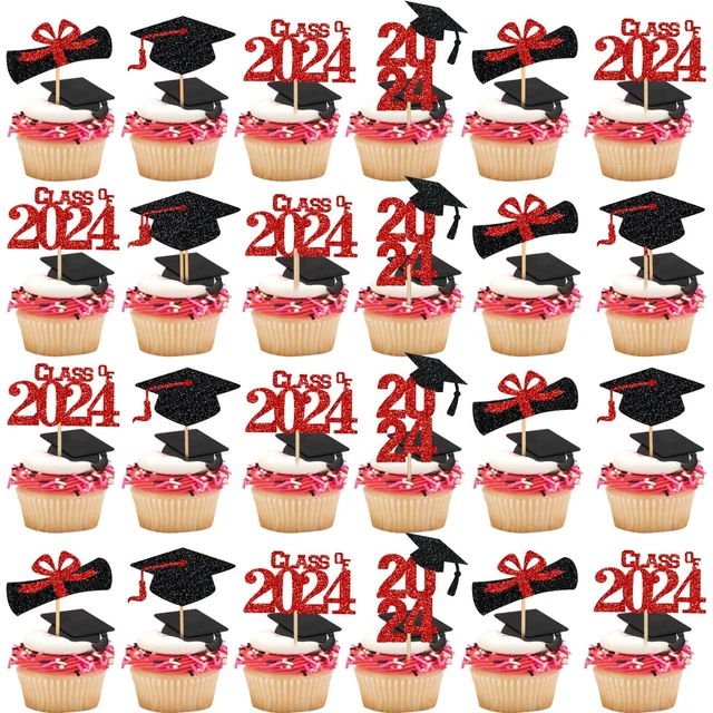 GRADUATION CUPCAKE TOPPERS 2024 Red and Black Class of 2024 Cupcake