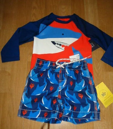 NWT 12-18 Baby Gap Shark swim trunks and rash guard swim top UPF 50+