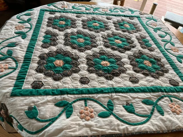 Hand Stitched Appliquéd Lap Quilt Wall Hanging 48” X 48” Cotton Teal, brown