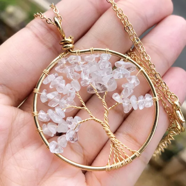 Rock Quartz Gem Tree Of Life Water-Drop Necklace Chakra Reiki Healing Amulet