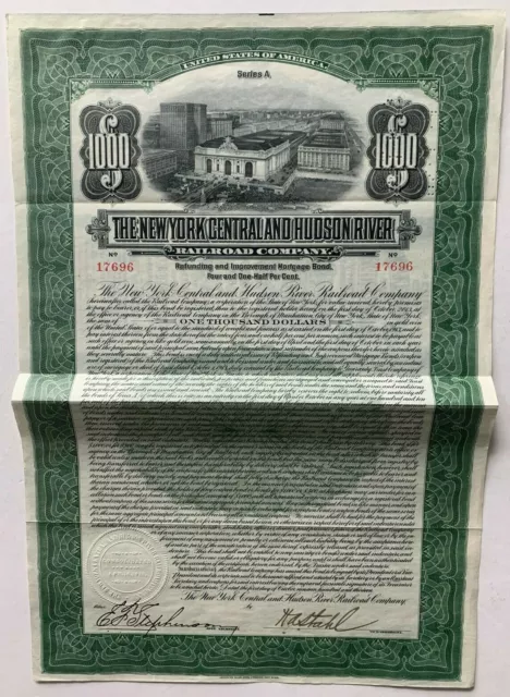1913 New York Central & Hudson River RR Bond Certificate Grand Central Vignette