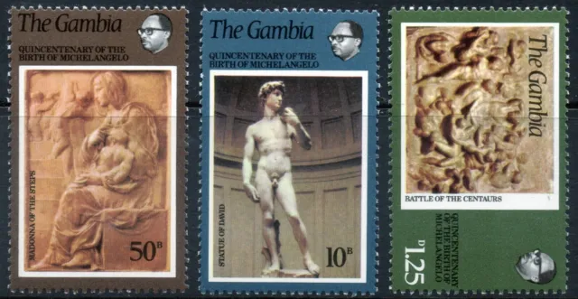 Gambia 1975 QEII Birth of Michaelangelo set of 3 mint stamps MNH