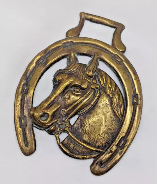 Brass Horse Medallion Vintage English Mare Stallion Horseshoe Good Luck Show LG