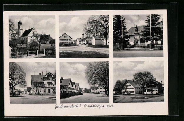 AK Asch b. Landsberg a. Lech, Straßenpartie mit Gasthof, Kirche, Denkmal 1942