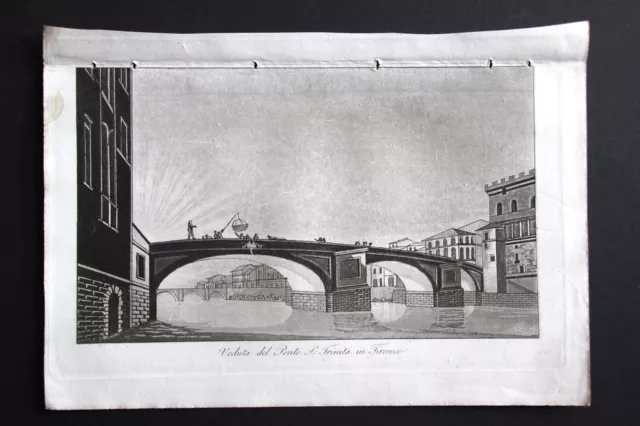 Gravure italienne ancienne.  XVIIIe. Pont de la Sainte Trinité, Florence
