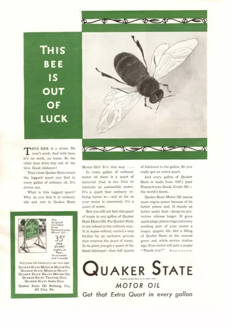 1930 Quaker State Motor Oil City Pennsylvania 35¢ Quart Sign Drone Bee Print Ad