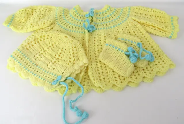 Vintage Hand Crochet Baby Sweater Set Sweater, Hat and Booties Yellow & Aqua