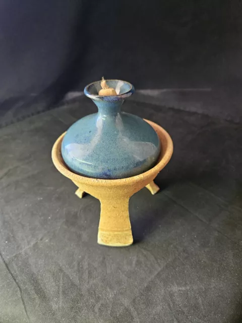 Vintage Art Pottery Hand Crafted Signed Stoneware Oil Lamp W/Stand Original Wick