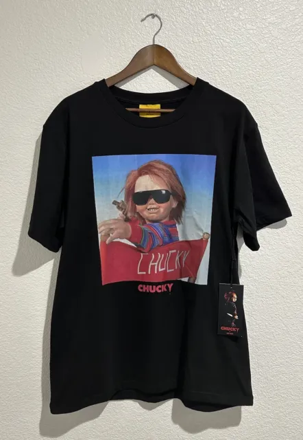 CHUCKY X SHOE PALACE Shirt Adult Large Black NWT “Chucky in Directors Chair Tee"