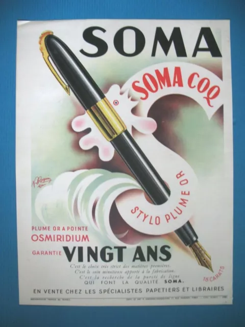 Publicite De Presse Soma Coq Stylo Plume 18 Carats Illustration Roquin Ad 1949