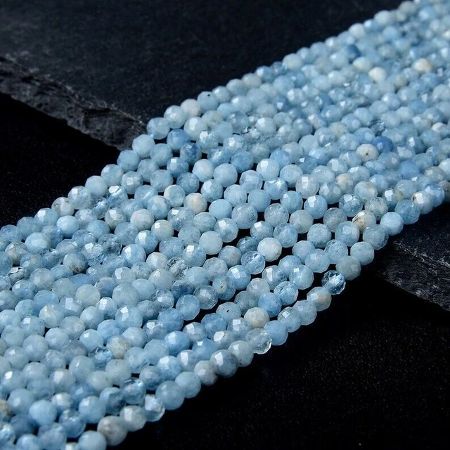 A+ véritable bleu aigue-marine micro perles rondes à facettes 3 mm 4 mm...