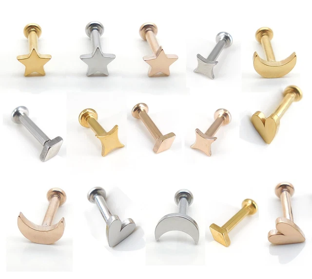 Threadless Labret 16G 18G 20G Ear 5-10mm Nose Cartilage Gold Tone Rings Push Pin