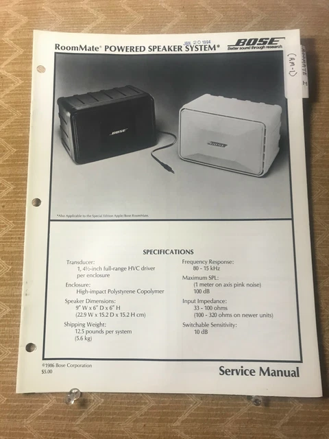 Original Bose- Roommate 1 Powered Speaker - Service Manual & Schematic D1177