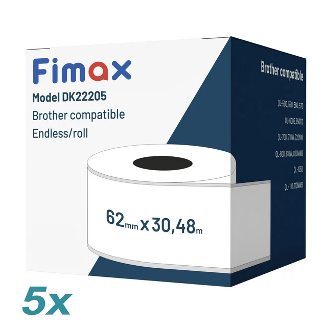 Rouleaux étiquettes Compatibles Brother DK-22205 - 62mm X 30.48m - Blanc - Continue - Pour QL-500, QL-700, QL-1100 Etc.