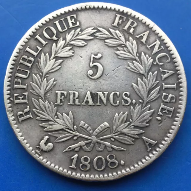 5 francs Napoléon Empereur, République française 1808 Paris 24,7 gr ARGENT