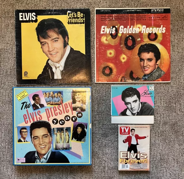 Lot Of 21 Elvis Presley Items: LPs, 8 Track Tapes, HB Book, Magazines