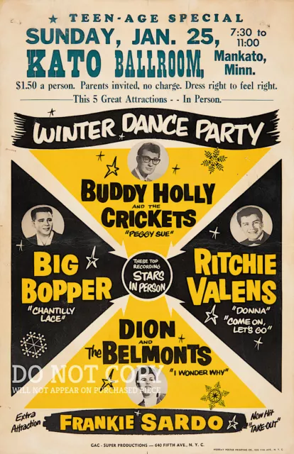 1959 Winter Dance Party Poster 11 X 17 Buddy Holly + Ritchie Valens + Big Bopper