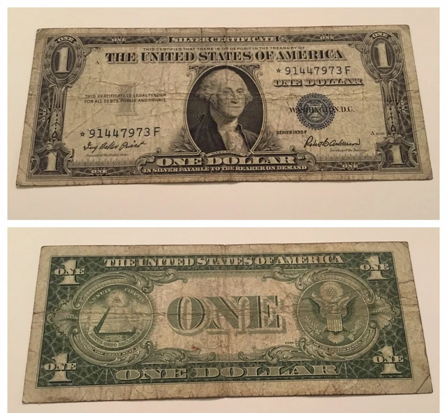 VINTAGE one DOLLAR 1935-F STAR $1 SILVER CERTIFICATE BILL BLUE SEAL WASHINGTON
