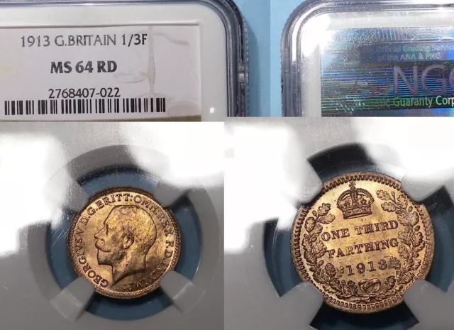 1913 GREAT BRITAIN 1/3 FARTHING NGC MS 64 RD #321-35a