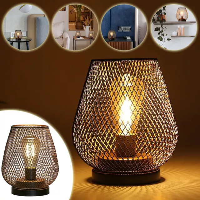 Battery Operated LED Table Lamp Cordless Metal Cage Lantern Vintage Light Decor