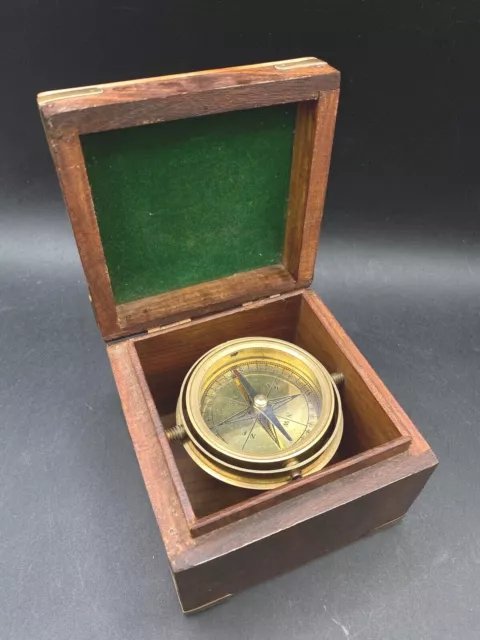 Maritime Compass in Wooden Box - Brass Detail & Hope Emblem Desk Top Display