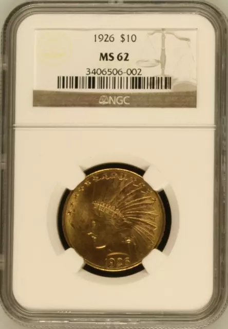 :1926 G$10 Dollars Indian Head NGC Near Choice BU Lustrous MS62 Highest Grades