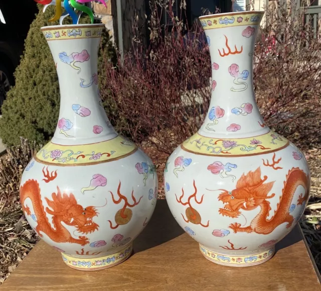 Chinese Famille Rose Porcelain Vases Dragon And Phoenix Chasing Pearl Motif