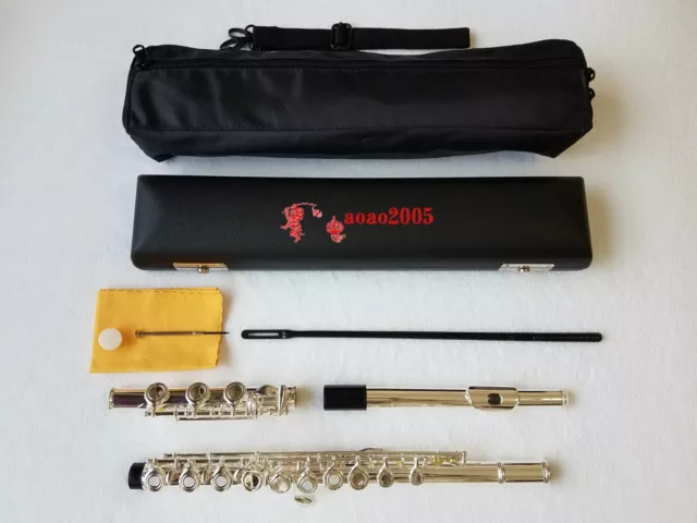 17 Open Hole Silver Plated Flute with Hard Shell Case and Fleece Canvas Bag