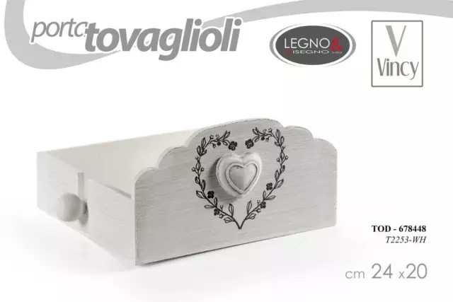 PORTA TOVAGLIOLI DA TAVOLO CUCINA LEGNO SHABY CHIC CUORE VINCY 24*20cm