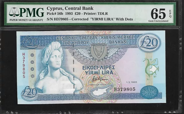 Cyprus 20 Pounds 1993 PMG 65 EPQ UNC Pick # 56b Central Bank Printer TDLR