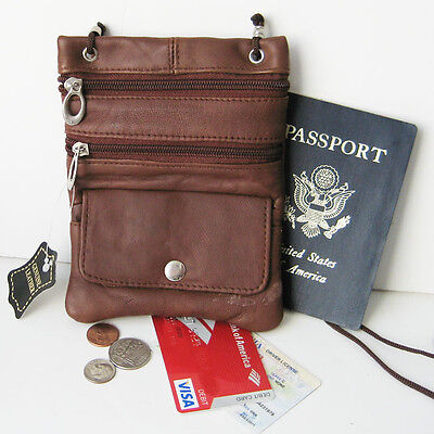 Brown Leather Travel Neck Bag Passport ID Holder Lanyard Pouch String Purse 2