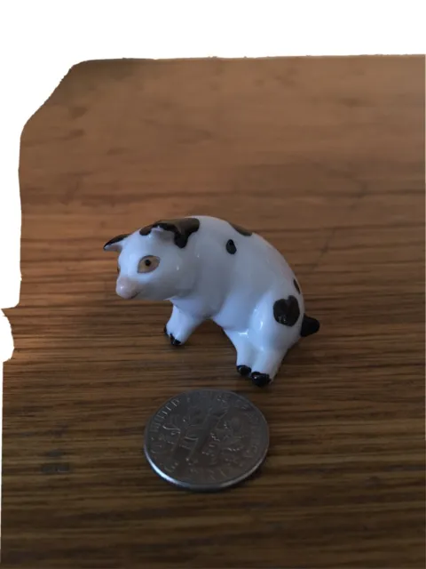 Miniature Ceramic Pig Figurine Tiny Spotted Piglet Baby Leaning