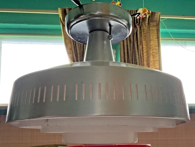 Vintage 1958 Industrial Saturn Rings Silver/White Aluminum Ceiling Fixture 13”