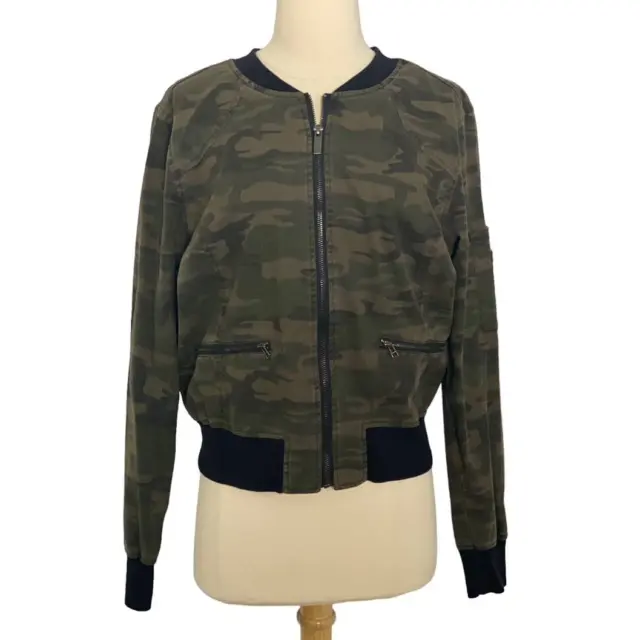 Sanctuary Bomber Jacket Camo Military Full Zip Green Black Cotton Pockets Size S
