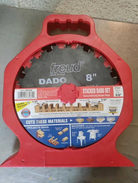 NEW NEVER USED Freud No SD208 8" Stacked Dado Blade Set 5/8" Arbor, 1/4" to 7/8" NEW NEVER USED Freud No SD208 8" Stacked Dado Blade Set 5/8" Arbor, 1/4" to 7/8"