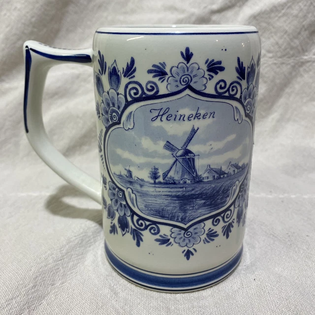 Delft Blue Hand Painted Heineken  Dutch Sailing Ship and Windmill Stein Mug 5”