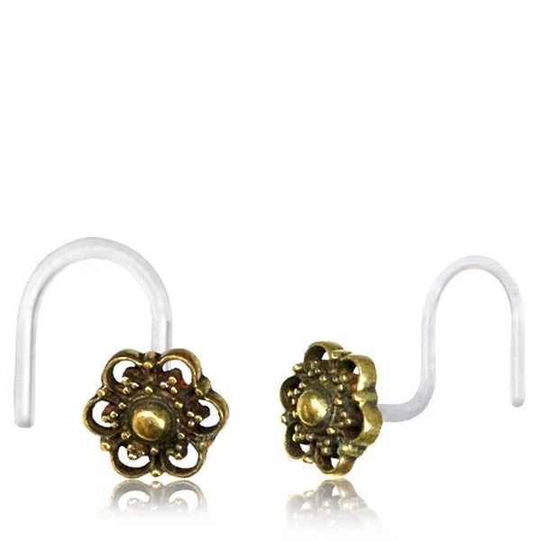 Tribal 20G Nose Ring Mandala Brass Curved Bioplast Nose Stud Helix Ear Hoop