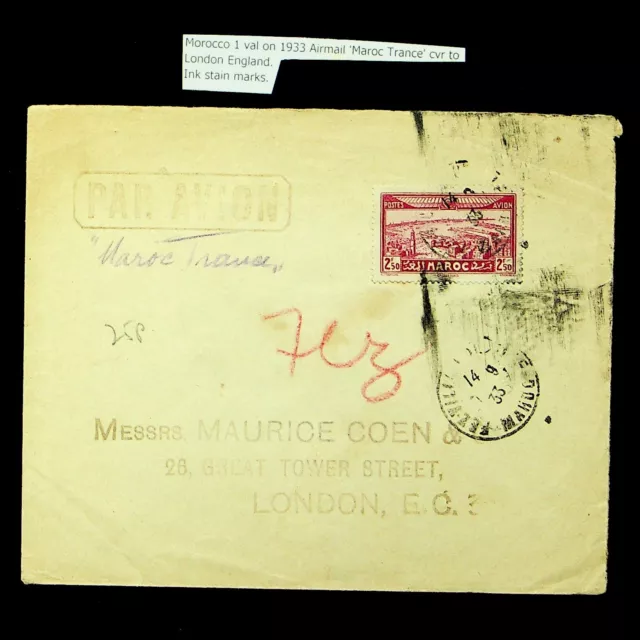 SEPHIL MOROCCO 1933 2f50 ON MAROC TRANCE AIRMAIL COVER TO LONDON GB W/ CACHET