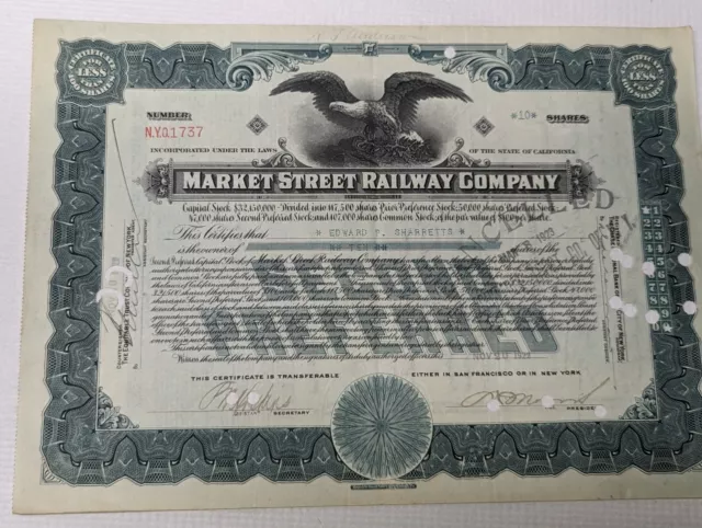 1922 Market Street Railway Company Stock Certificate Sharretts 100 Shares Rare +