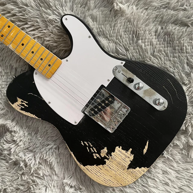 Black Relic TL Electric Guitar Fixed Bridge White Pickguard Maple Fretboard