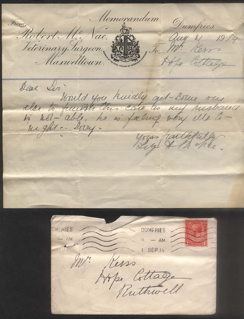 1914 DUMFRIES MAXWELLTn, ROBt McNAE, VETERINARY, TO MR. KERR, HOPE COT. RUTHWELL