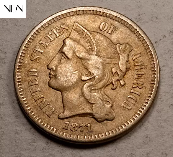 1871 Three Cent Coin (3 Cent) - Almost Uncirculated (AU) - Better Date! #T448