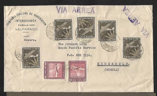 Chile Valparaiso To Sweden Air Mail Navigation Company Cover 1938