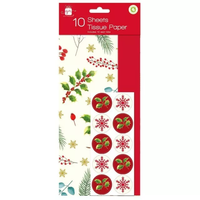 10 Sheets Traditional Christmas Holly & Ivy Tissue Paper- Xmas Gift Wrap & Seals