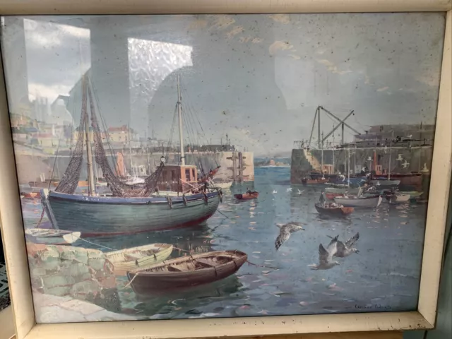 Print By Vernon Ward Of Safe Anchorage Mousehole Seaside Boats Harbouring Seagul